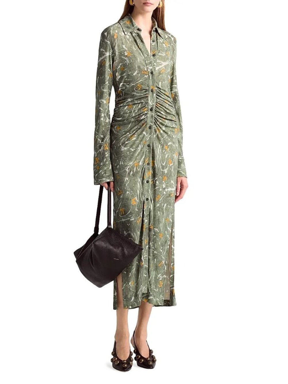 NWT Altuzarra Claudia Ruched Waist Shirtdress Monstera Marbled Floral Size 40